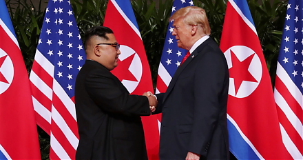 Donald Trump and Kim Jong Un meet, talk, and shake hands in the historic U.S.-North-Korean peace summit in Singapore.