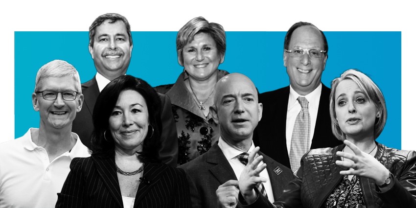 This photo includes several American CEOs such as Tim Cook (Apple), Jeff Bezos (Amazon), and Larry Fink (BlackRock).